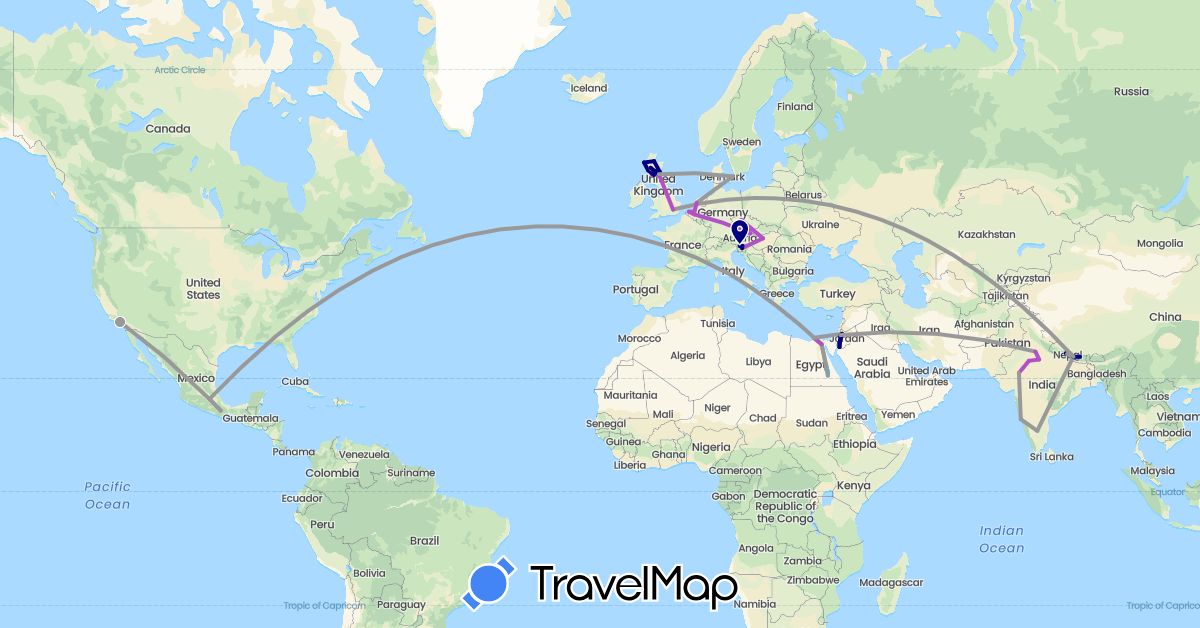TravelMap itinerary: driving, plane, train, hiking, boat in Denmark, Egypt, United Kingdom, India, Italy, Jordan, Mexico, Nepal, United States (Africa, Asia, Europe, North America)